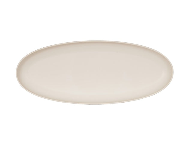 A plain, oval-shaped Cal-Mil plate with a smooth, glossy surface and a light cream color. Photographed from above on a white background, its simple and minimalistic design is reminiscent of the elegant Sophie Pasta Bowl.