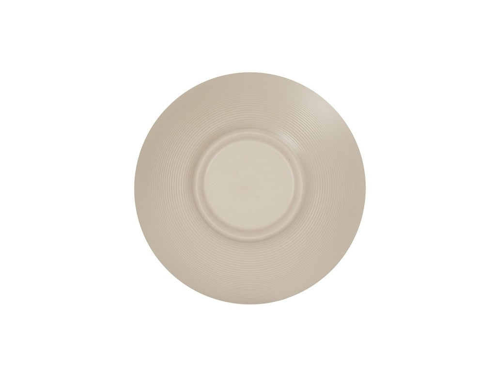 A round, beige ceramic plate viewed from above. The plate has a smooth center with concentric textured rings on the rim, similar in design to the Charlotte Bowl, and is set against a plain white background.