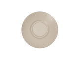 A round, beige ceramic plate viewed from above. The plate has a smooth center with concentric textured rings on the rim, similar in design to the Charlotte Bowl, and is set against a plain white background.