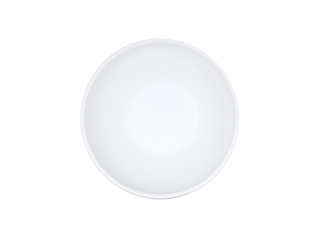 A plain, round, white Cal-Mil Nova Soup Bowl, 30 oz., is shown from above against a white background, appearing completely empty with a smooth, clean surface and subtle shadow around its edge.