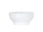 A plain, white Cal-Mil Nova Soup Bowl with smooth, clean lines and a slightly flared rim is centered on a white background. This 30 oz. ceramic bowl features a simple, modern design and a small, rounded base.