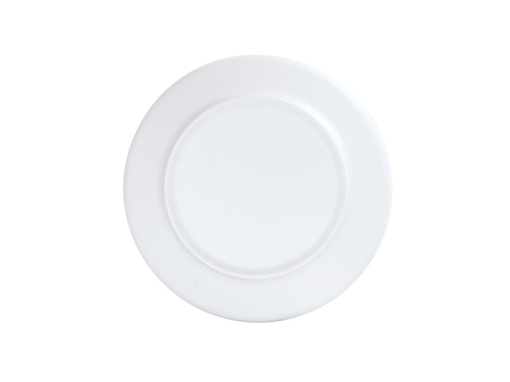 A plain, round, white ceramic coupe bowl is shown from a top-down view against a white background. The bowl features a slightly raised rim and a smooth, glossy finish with no visible designs or patterns.