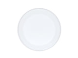 A plain, round, white ceramic plate, reminiscent of the Cal-Mil Nova Bowl, is photographed from above and centered on a white background. The smooth surface features a subtle rim with no decorations or markings.