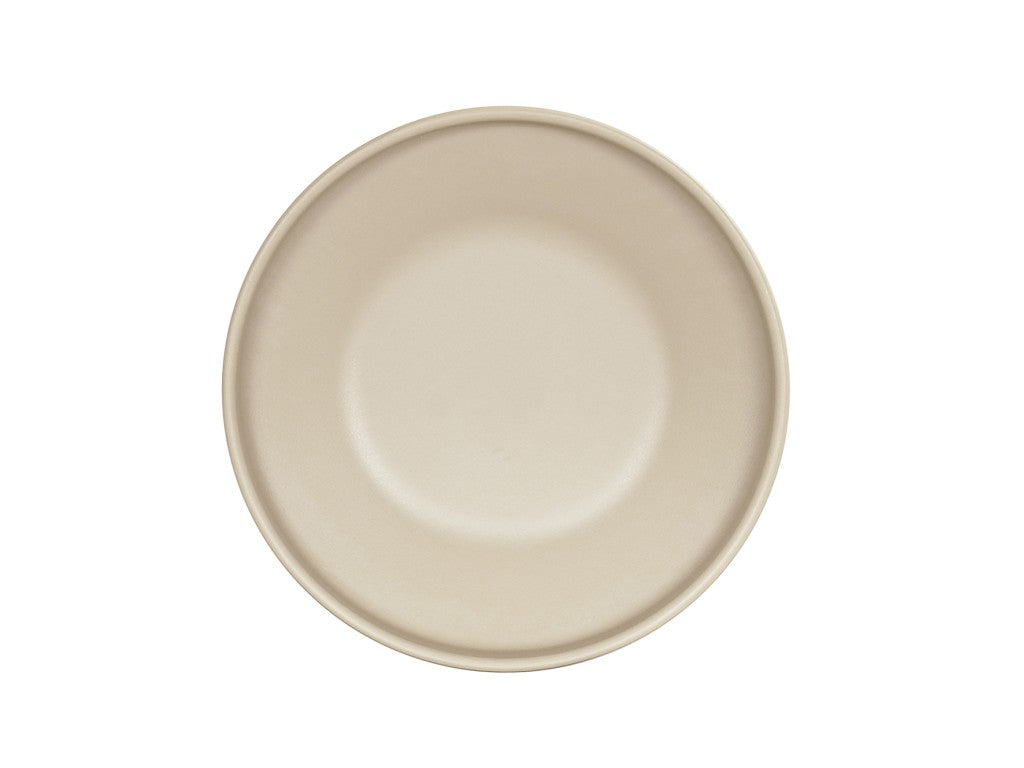 A plain, round, taupe ceramic coupe plate is shown from above against a white background. The plate has a smooth surface and a slightly raised rim, with no patterns, decorations, or food on it.