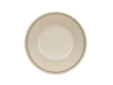 A plain, round, taupe ceramic coupe plate is shown from above against a white background. The plate has a smooth surface and a slightly raised rim, with no patterns, decorations, or food on it.