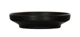 A shallow, round Cal-Mil Nova Bowl in matte black ceramic features a slightly flared rim and wide, flat base. This black bowl showcases a minimalist, modern design with a smooth finish against a white background.