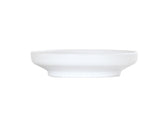 A plain, round, white coupe ceramic plate with a slightly raised rim and a wide, flat base, displayed against a white background. The plate has simple, clean lines and a minimalist design reminiscent of the Nova Bowl or 7" bowl style.