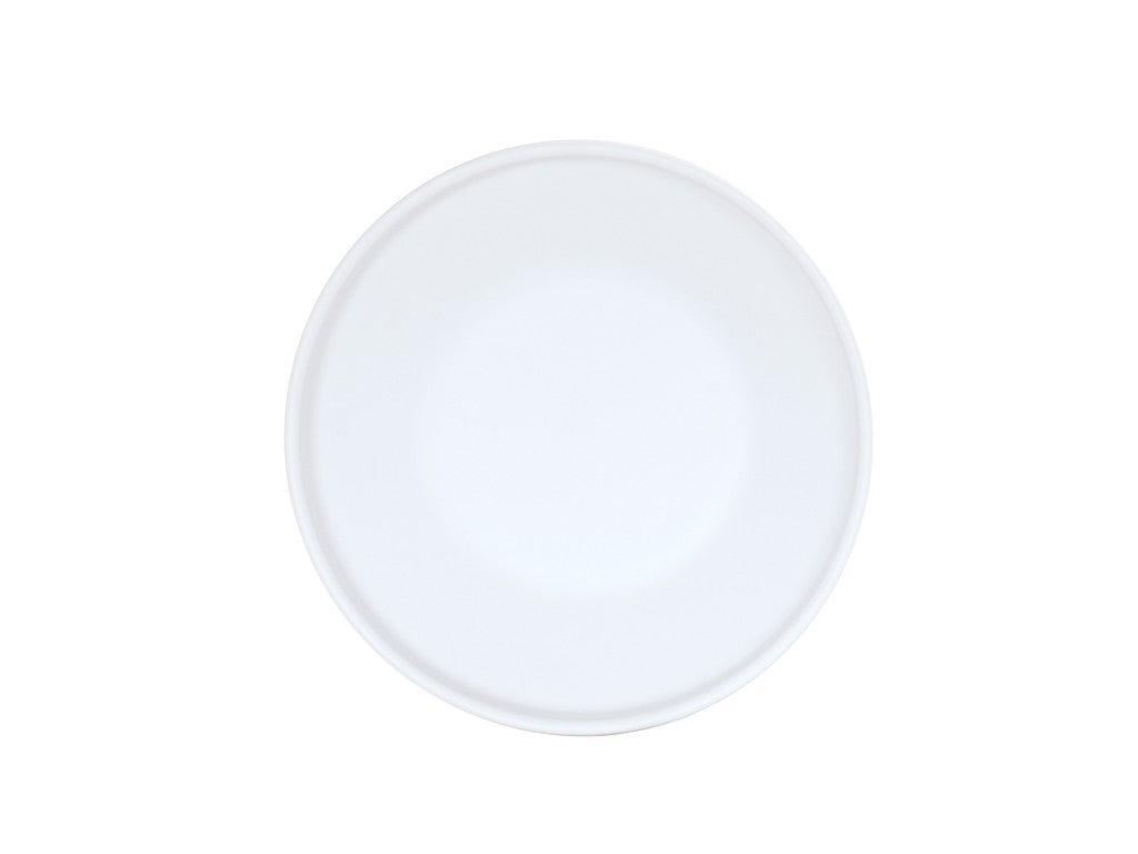 A plain, round, white coupe plate is centered on a white background. Viewed from above, it features a subtle rim along the edge. With no designs or patterns, this 7" bowl offers a minimalist and clean appearance.