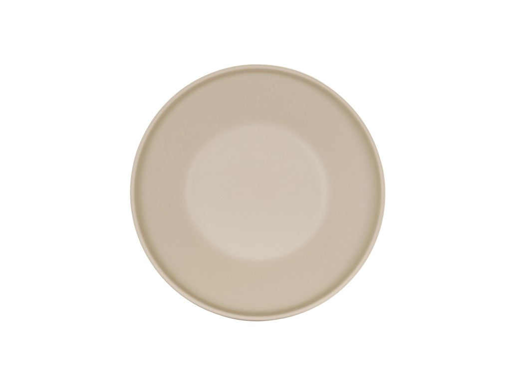 A plain, round Nova Bowl in taupe is centered on a white background, viewed from above. This 9 inch bowl has a smooth surface with a slightly raised rim and no visible designs or textures.