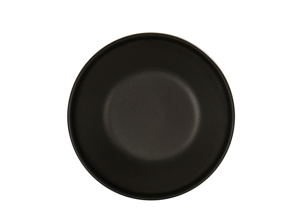 A plain, round 9" coupe Nova Bowl in matte black is centered on a white background. The plate is empty and viewed from directly above, showing its smooth surface and subtle rim.