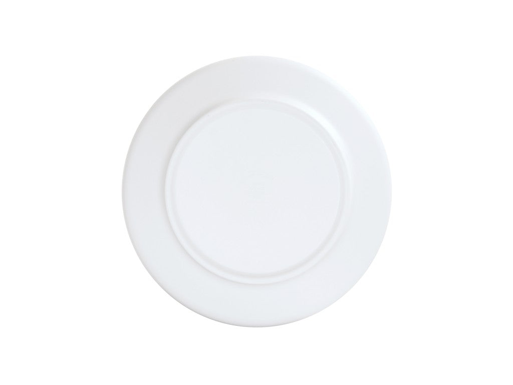 A plain white Nova Bowl 9" coupe ceramic plate is shown from above against a white background. The plate is completely empty and round, with a slightly raised rim and a smooth surface, giving it a clean and minimalist appearance.