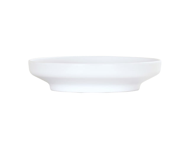 A plain, white Nova Bowl, 9" coupe style, with a wide, shallow shape and gently flared rim sits against a white background. The smooth, minimalist design features no patterns or decorations and has a slightly raised base.
