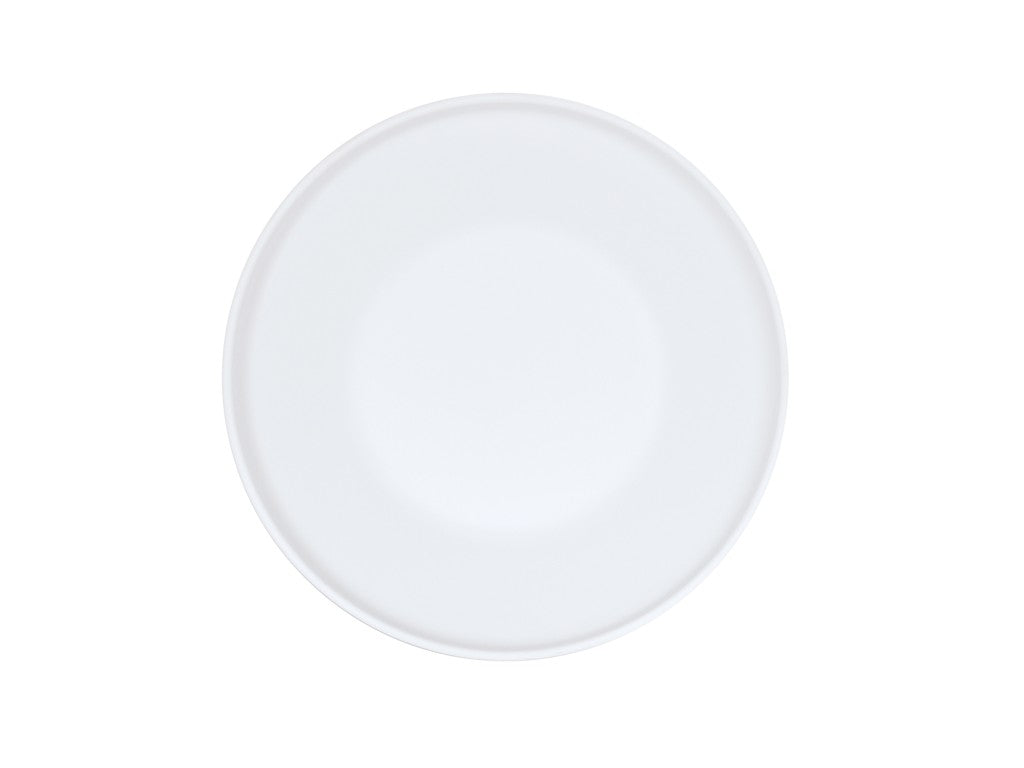 A plain, round, white Nova Bowl 9" coupe ceramic plate is shown from above against a white background. The plate features a smooth surface with a shallow rim and no markings or decorations.