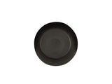 A plain, round, matte black soup bowl is centered on a white background. The melamine bowl has a smooth surface with subtle shading, and faint text can be seen in the middle of the bowl, though it is not readable.