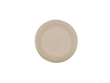 A plain, round, beige melamine plate is centered on a white background. The plate has smooth edges and no visible patterns or decorations. The simple design and neutral color give it a minimalist appearance.