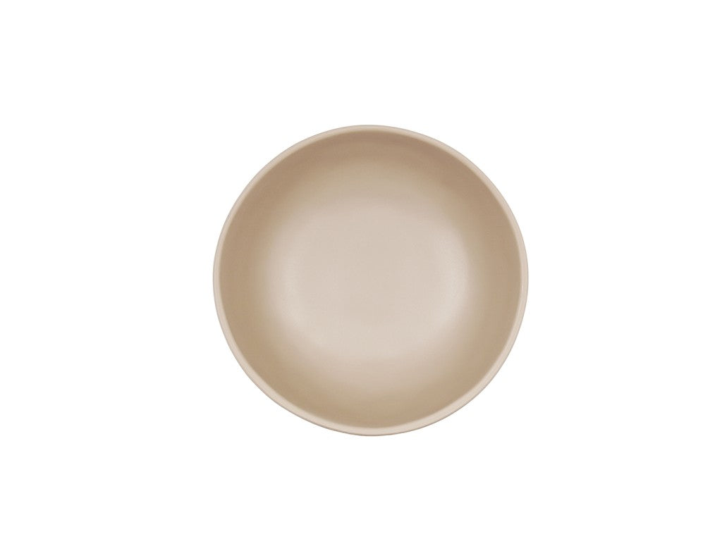 A plain, round, beige 16 oz soup bowl is centered on a white background, viewed from directly above. The melamine bowl is empty and smooth, with slightly curved edges and a matte finish.