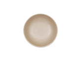 A plain, round, beige 16 oz soup bowl is centered on a white background, viewed from directly above. The melamine bowl is empty and smooth, with slightly curved edges and a matte finish.