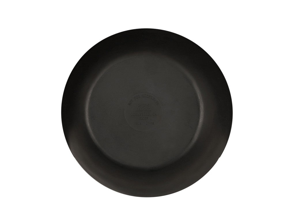 A round, black, matte melamine plate viewed from above against a white background. The plate appears plain with a subtle, raised rim and faintly visible text or markings in the center. Ideal for serving, it holds up to 16 oz.