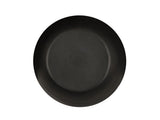 A round, black, matte melamine plate viewed from above against a white background. The plate appears plain with a subtle, raised rim and faintly visible text or markings in the center. Ideal for serving, it holds up to 16 oz.