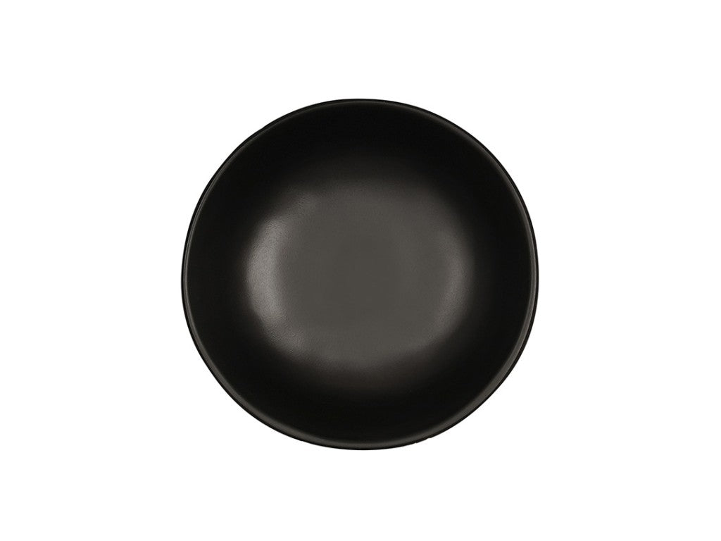 A plain, empty, round black melamine soup bowl is centered on a white background. The 16 oz. bowl has smooth edges and a matte finish, with even lighting highlighting its simple, modern design.