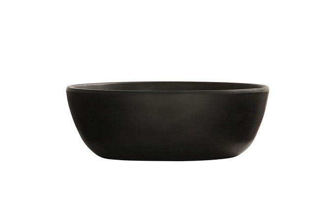 A matte black, round 16 oz. melamine soup bowl with smooth, curved sides is centered on a white background. The bowl has a wide opening and flat base, featuring a minimalist, modern design.