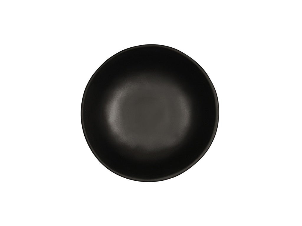 A top-down view of a plain, round, black Carmel Soup Bowl made of melamine with a smooth surface and slightly uneven rim, centered on a white background. The 30 oz. bowl appears empty.