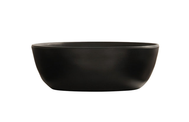A matte black, round Carmel Soup Bowl with smooth sides and a slightly curved rim is shown against a plain white background. Made from durable melamine, this 30 oz. bowl features a simple, modern design and is empty.