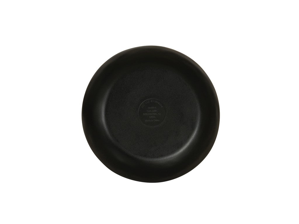 A round, black melamine pasta bowl with a smooth surface and slightly raised rim sits on a white background. There is faint text or a logo in the center of the plate, but it is not clearly legible from this angle.