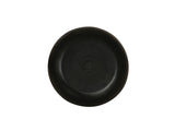 A round, black melamine pasta bowl with a smooth surface and slightly raised rim sits on a white background. There is faint text or a logo in the center of the plate, but it is not clearly legible from this angle.