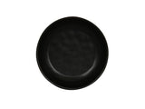 A round, empty black pasta bowl is centered against a plain white background. The bowl features a smooth, matte finish with subtle texture and no visible decorations or patterns.