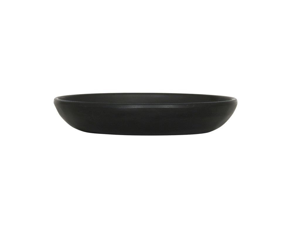 A shallow, round black pasta bowl with smooth, slightly outward-curving sides. Crafted from melamine, it sits on a white background and features a minimalist, modern design with no visible patterns or decorations.