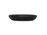 A shallow, round black pasta bowl with smooth, slightly outward-curving sides. Crafted from melamine, it sits on a white background and features a minimalist, modern design with no visible patterns or decorations.