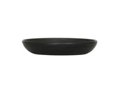 A shallow, round black pasta bowl with smooth, slightly outward-curving sides. Crafted from melamine, it sits on a white background and features a minimalist, modern design with no visible patterns or decorations.