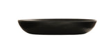 A matte black, shallow melamine oval bowl is shown against a white background. The bowl has smooth, rounded edges and a minimalist, modern design—perfect as a pasta bowl. The side view highlights its low profile and simple shape.
