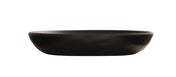 A matte black, shallow melamine oval bowl is shown against a white background. The bowl has smooth, rounded edges and a minimalist, modern design—perfect as a pasta bowl. The side view highlights its low profile and simple shape.