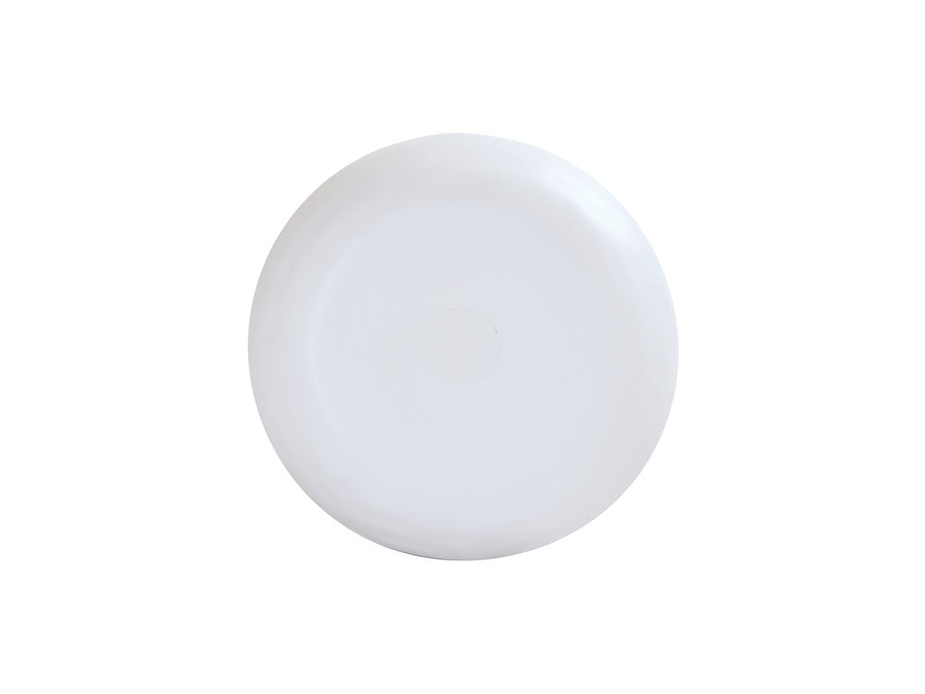 A plain, round, white melamine plate is centered on a white background. The plate has a smooth surface and slightly raised rim, with no visible patterns or decorations.