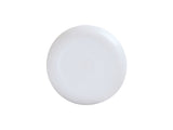 A plain, round, white melamine plate is centered on a white background. The plate has a smooth surface and slightly raised rim, with no visible patterns or decorations.