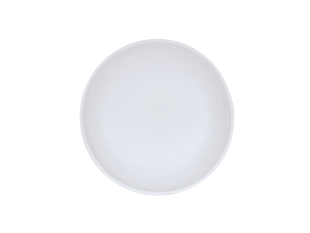 A plain, round, white Cal-Mil pasta bowl is centered on a white background. The bowl is empty and photographed from above, highlighting its smooth melamine surface and clean, simple design.
