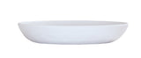 A plain, white, shallow Cal-Mil pasta bowl is shown from the side on a white background. The bowl has smooth, rounded edges and a simple, minimalist design.