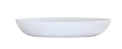 A plain, white, shallow Cal-Mil pasta bowl is shown from the side on a white background. The bowl has smooth, rounded edges and a simple, minimalist design.