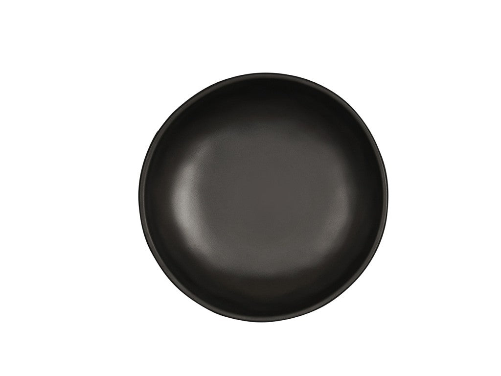 A round, empty, matte black Carmel Pasta Bowl is centered on a plain white background. This 30 oz. plate features a simple, modern design with slightly curved edges and no visible patterns or decorations.