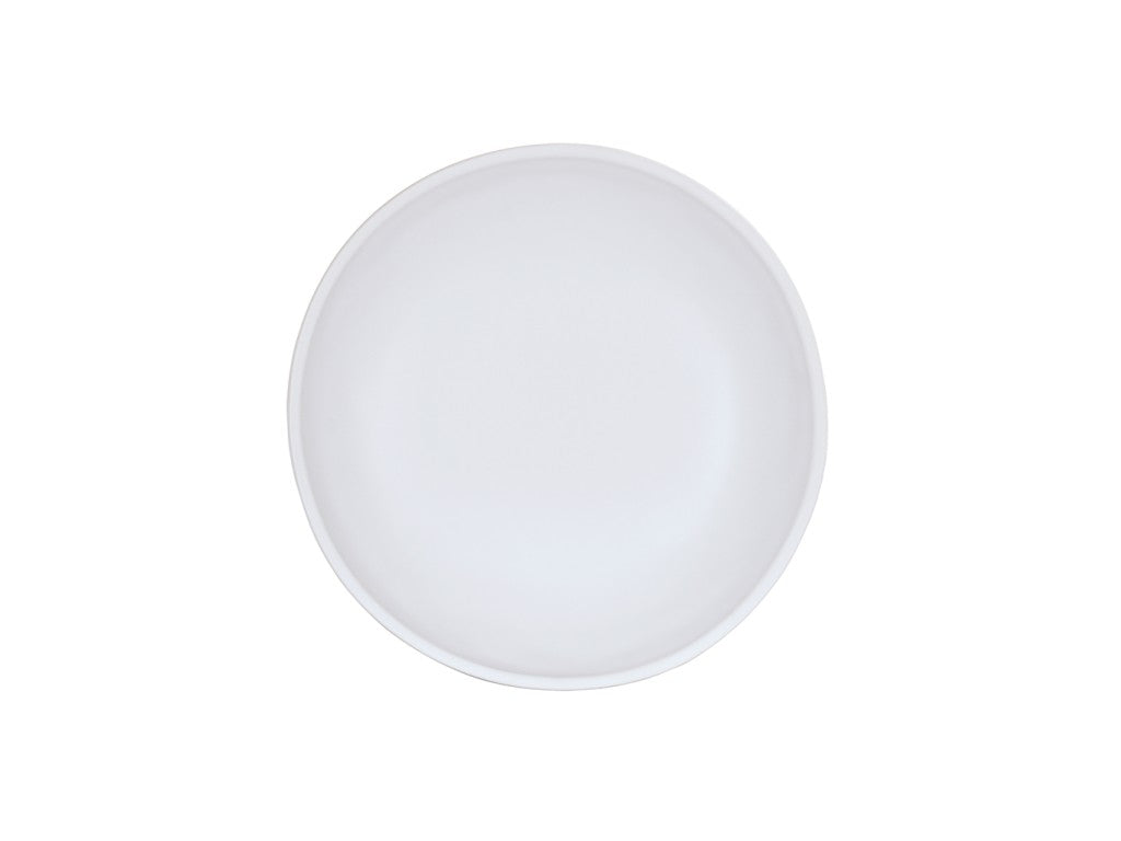 A plain, round, white Carmel Pasta Bowl made of melamine is viewed from above, centered on a white background. The 30 oz. bowl is empty and has a smooth surface with a slightly raised rim.