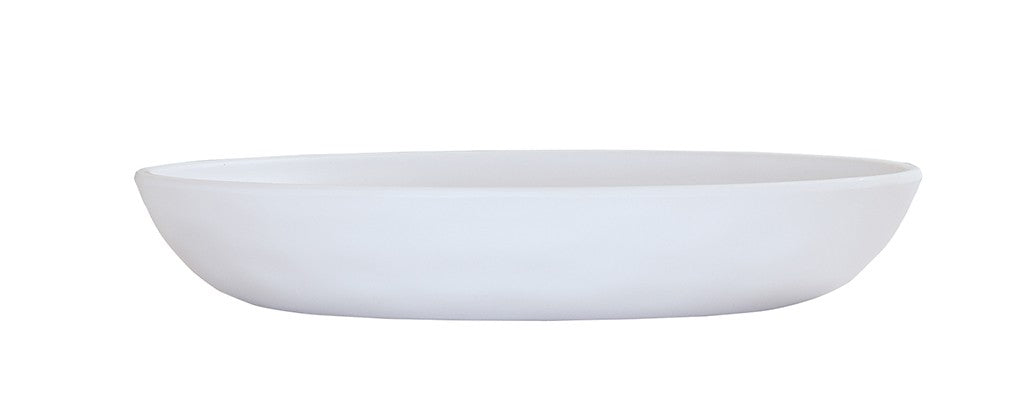 A plain, white, round Carmel Pasta Bowl with smooth edges, photographed against a white background. This 30 oz. melamine plate features a minimalist and modern design, with a low, gently curved rim showcased in its side profile.