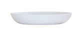 A plain, white, round Carmel Pasta Bowl with smooth edges, photographed against a white background. This 30 oz. melamine plate features a minimalist and modern design, with a low, gently curved rim showcased in its side profile.