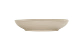 The Charlotte Bowl is a beige, shallow 14 inch bowl with a wide rim and subtle horizontal ridges around its exterior. Crafted in a simple, modern design, this melamine bowl features a smooth, matte finish and sits elegantly on any white background.