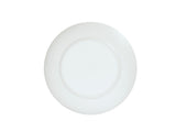 A plain white, round ceramic plate is shown from a top-down view against a white background. Similar in elegance to a Charlotte Bowl, it features a subtle textured rim and smooth, slightly recessed center with no visible patterns or decorations.