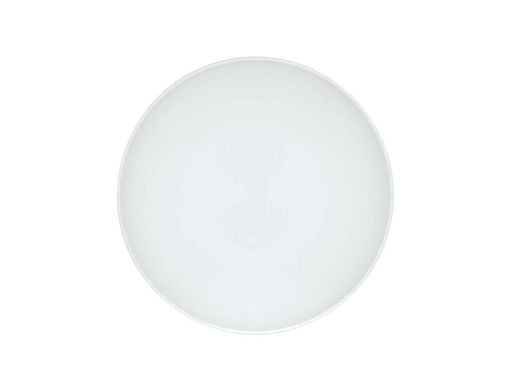 A plain, round white melamine bowl is centered on a white background. The bowl has a subtle texture with fine concentric rings and no visible decoration, giving it a simple and minimalist appearance similar to the Charlotte Bowl.
