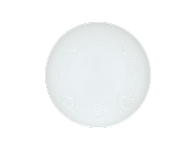 A plain, round white melamine bowl is centered on a white background. The bowl has a subtle texture with fine concentric rings and no visible decoration, giving it a simple and minimalist appearance similar to the Charlotte Bowl.