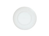 A plain, round white ceramic plate with a slightly textured, concentric ring pattern on the rim, viewed from above against a white background. Reminiscent of the classic Charlotte Bowl style, the plate is empty and centered in the image.