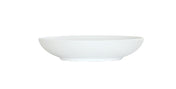 A shallow, round Charlotte Bowl with a subtle horizontal ribbed texture, shown from the side on a plain white background. This white ceramic bowl has a wide opening and a small, slightly raised base.